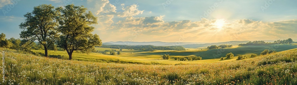 A serene landscape featuring lush meadows, distant hills, and a radiant sunset that captures the beauty of nature.