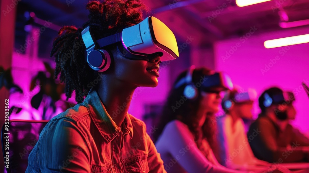 A young woman wearing VR headset immersed in virtual reality, surrounded by others in a brightly lit room. A young woman wearing VR headset immersed in virtual reality, surrounded by others in a brightly lit room.