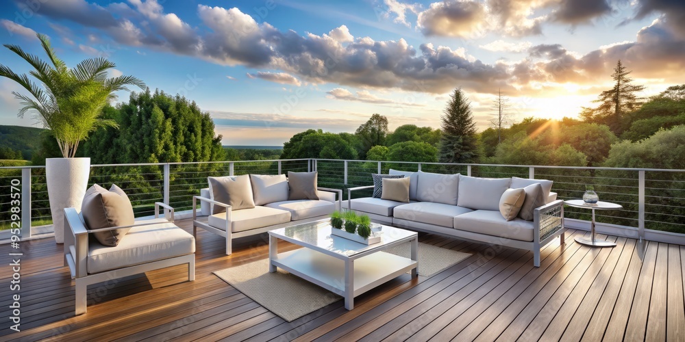 Fototapeta premium Elegant afternoon glow bathes plush outdoor furniture, seamlessly integrating sleek lines with natural surroundings, evoking warmth, serenity, and exclusivity among lush greenery.