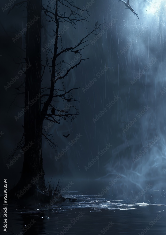 Obraz premium Mysterious Night Forest with Rain and Fog, Silhouetted Tree and Bats in Moonlight