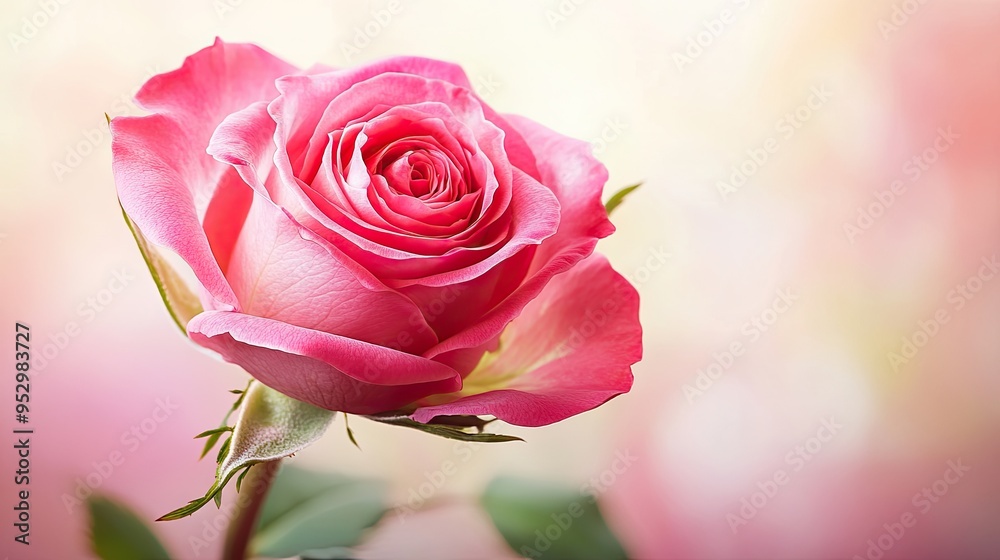 Fototapeta premium A detailed image of a vibrant pink rose with space on the top for text, set against a soft background, ideal for romantic occasions.