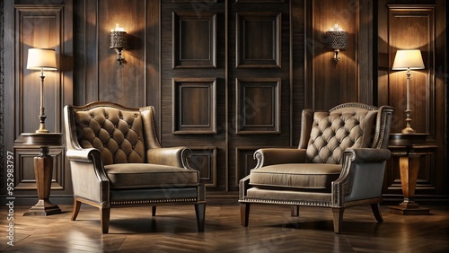 Elegant armchairs, intricately carved wooden panels, and rich textures entwined, ambient light reflecting off dark wood tones, velvet upholstery, and subtle nuances of matte and glossy finishes.