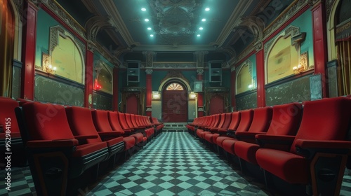 Vintage Theater Interior with Red Seats and Ornate Decor in a Classic Setting