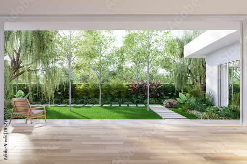 Fototapeta Naklejka Na Ścianę i Meble -  Modern contemporary empty room with wooden terrace overlooking green lawn and tropical style garden view background 3d render illustration