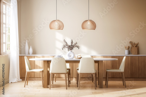 Fototapeta Naklejka Na Ścianę i Meble -  Minimal style modern contemporary dining room interior 3d render there are wooden floor, Decorated with wooden table and white fabric chair, large sunlight entering the room.