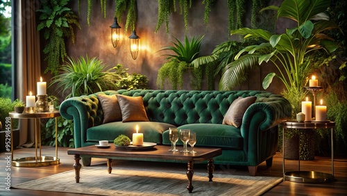 Elegant evening setting features plush velvet sofa in rich emerald green, surrounded by lush greenery, soft candlelight, and rustic wooden accents for a sophisticated ambiance.