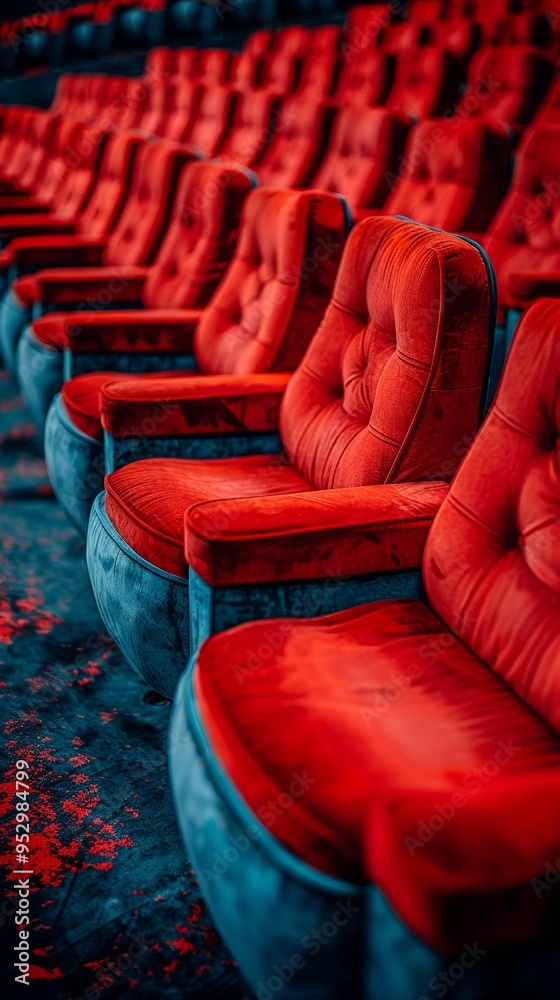 Fototapeta premium Rows of Red Velvet Theater Seats in an Empty Auditorium with Vintage Charm