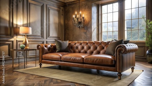 Elegant Italian leather wraps sleekly around velvet cushioning, contrasting with weathered bronze legs in softly filtered light, evoking sophistication and refinement. photo