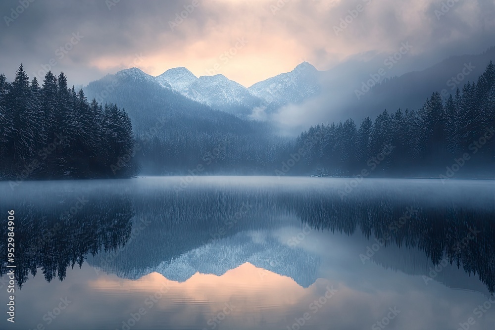 Fototapeta premium Lake Between Forests And Mountains , ai