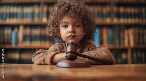 
a judicial hammer on a table with a child’s image in the background, symbolizing the protection of children’s rights
 photo