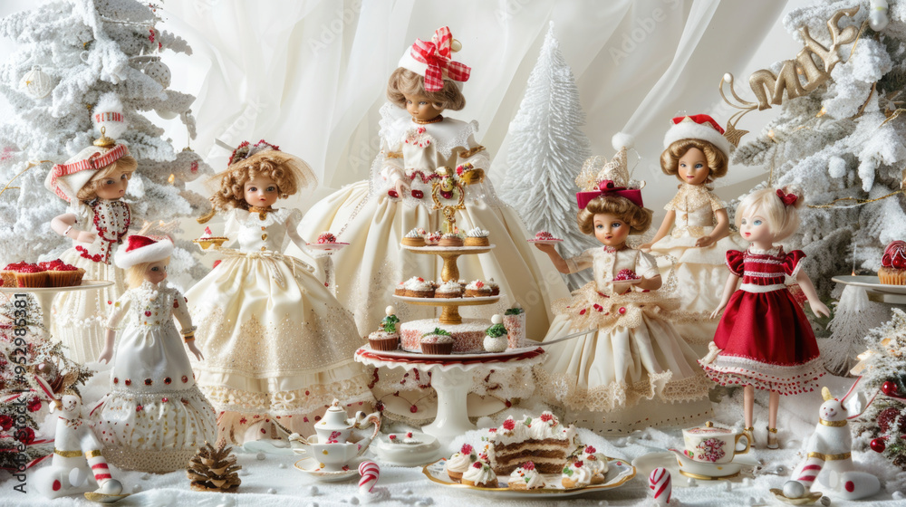 Elegant Christmas-Themed Doll Display with Festive Decorations and Snowy Background Elegant Christmas-Themed Doll Display with Festive Decorations and Snowy Background