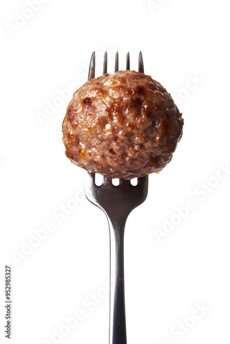 a meatball on a fork, isolated on a transparent background - a close up view of a perfect bite of a classic dinner entree