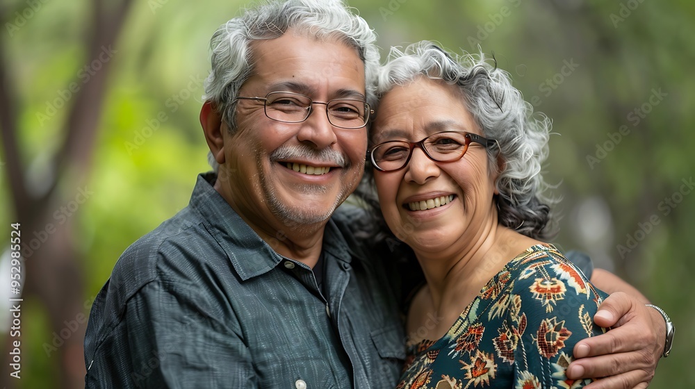 A joyful couple smiling and embracing outdoors, showcasing love and companionship. A joyful couple smiling and embracing outdoors, showcasing love and companionship.