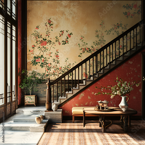 Chinoiserie style enterence hall with stairs .generative Ai  photo