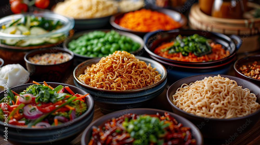 Photorealistic 3/4 View of an Asian-Inspired Buffet with Fresh Ingredients
