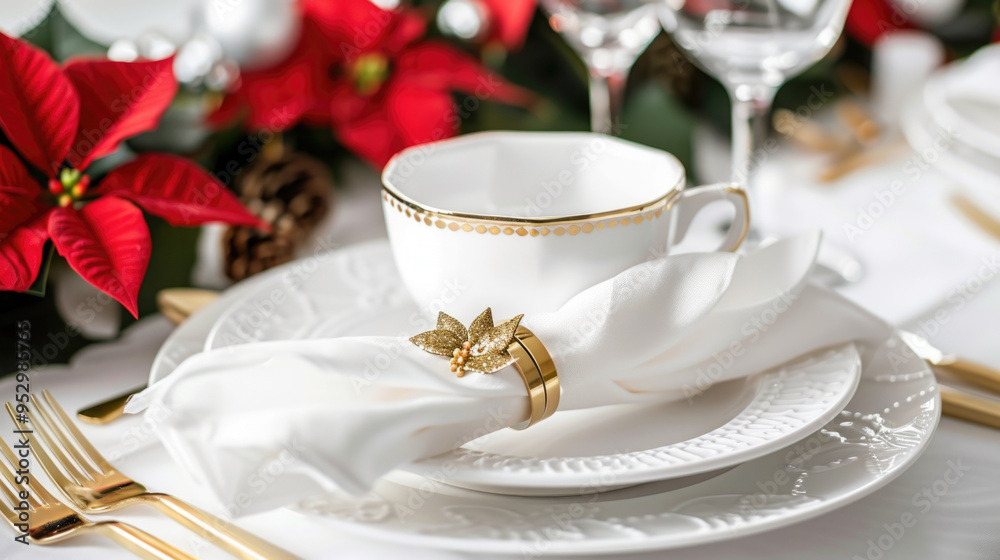 Elegant Holiday Table Setting with White Dinnerware, Gold Accents, and Festive Red Poinsettias
