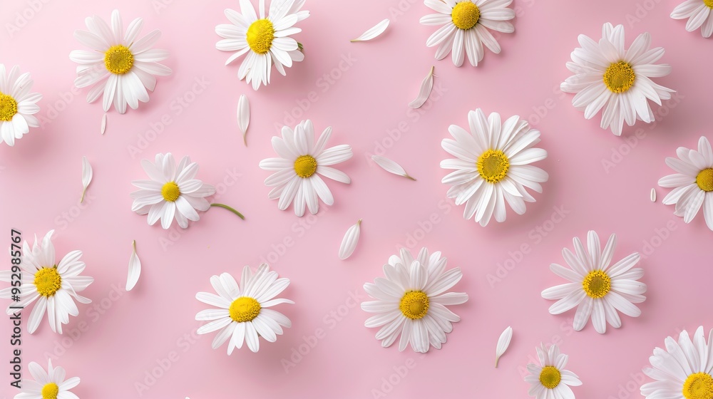 White Daisies on a Pink Background, Simple Floral Pattern White Daisies on a Pink Background, Simple Floral Pattern