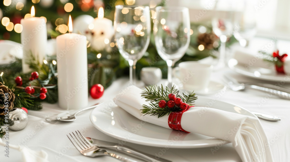 Elegant Holiday Table Setting with Candles, Glassware, and Festive Decorations for Christmas Celebration Elegant Holiday Table Setting with Candles, Glassware, and Festive Decorations for Christmas Celebration