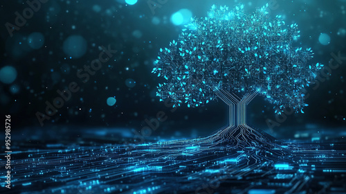 Abstract tree made of circuit board with neon effect and bokeh in futuristics concept.