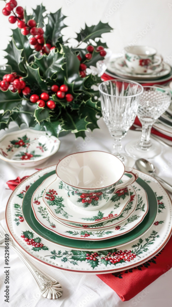 Elegant Christmas Table Setting with Holly and Berry Decor, Fine China, Crystal Glassware, and Silverware on White Tablecloth Elegant Christmas Table Setting with Holly and Berry Decor, Fine China, Crystal Glassware, and Silverware on White Tablecloth