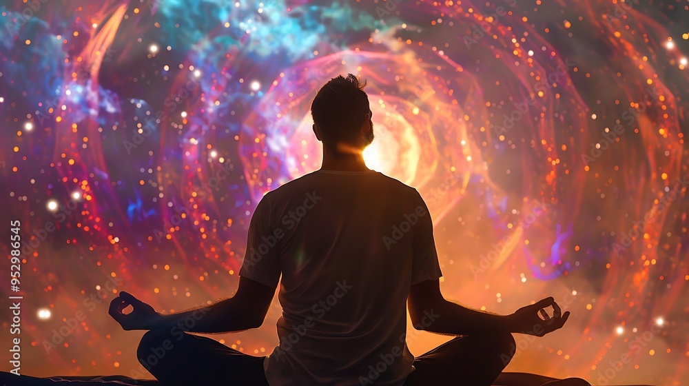 A meditative figure sits in a cosmic landscape, evoking a sense of tranquility and exploration of consciousness. A meditative figure sits in a cosmic landscape, evoking a sense of tranquility and exploration of consciousness.