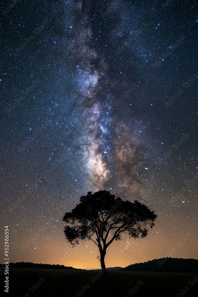 Fototapeta premium Celestial Silhouette: Lone Tree Under the Milky Way