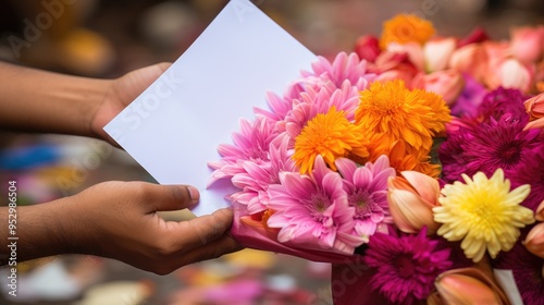 Hands holding blank paper card mockup on fresh colorful pink bouquet of flowers background 