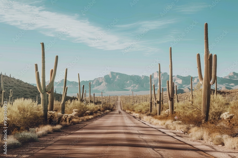Desert Sentinels: Saguaro Cacti on Solitary Road Desert Sentinels: Saguaro Cacti on Solitary Road