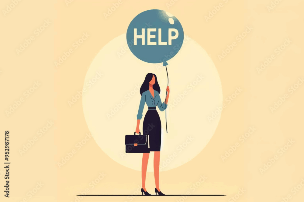 A career woman stands holding a balloon that says help as a symbol of an unfortunate situation A career woman stands holding a balloon that says help as a symbol of an unfortunate situation