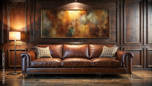 Ethereal soft light enhances a sleek leather sofa's cognac tones, contrasting with dark wood paneling, while abstract art in muted jewel tones adds sophistication, exuding understated refinement.