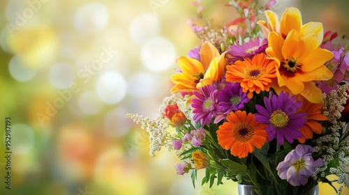 A realistic bouquet of mixed flowers with vibrant colors, set against a blurred background with ample space for text, perfect for anniversaries.