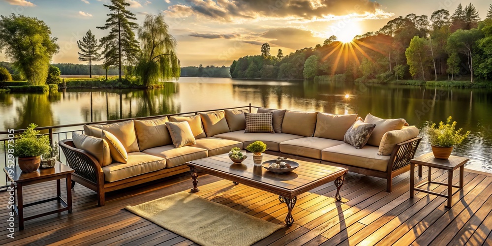 Fototapeta premium Expansive patio overlooking serene lake, elegantly furnished with wooden sectional sofa, ornate coffee table, and plush armchairs, surrounded by soft-focused beauty.