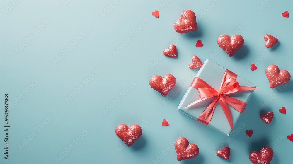 A white gift box with a peach ribbon surrounded by shiny hearts on a blue background. A white gift box with a peach ribbon surrounded by shiny hearts on a blue background.