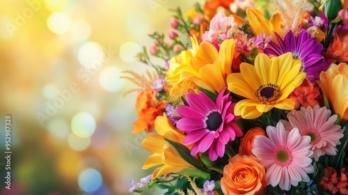A realistic bouquet of mixed flowers with vibrant colors, set against a blurred background with ample space for text, perfect for anniversaries.