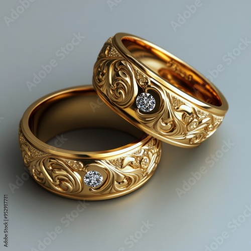 Intricate Love: A pair of ornate gold wedding bands, each featuring a delicate diamond and intricate floral engravings, symbolizing enduring love and commitment. 