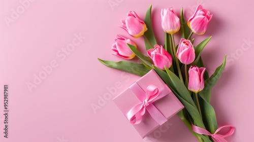 Pink Tulips and Gift Box on a Pink Background