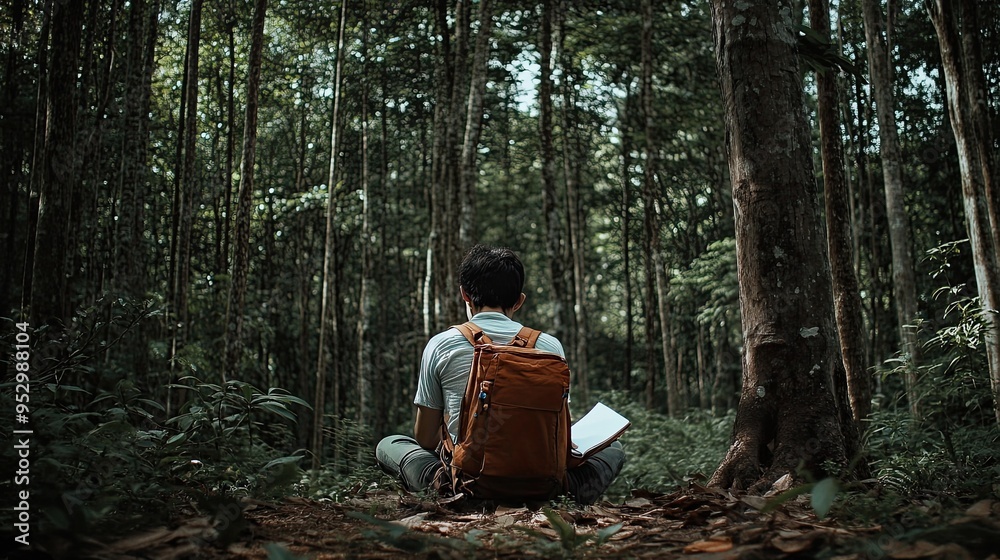 Fototapeta premium A person sitting in a forest, reading a book with a backpack nearby.