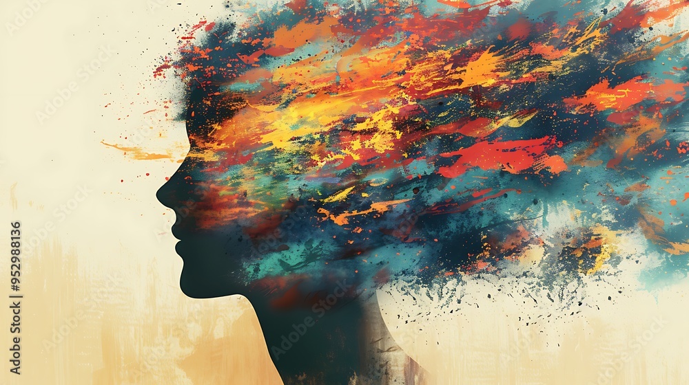 A silhouette of a head filled with vibrant colors, symbolizing creativity and imagination. A silhouette of a head filled with vibrant colors, symbolizing creativity and imagination.