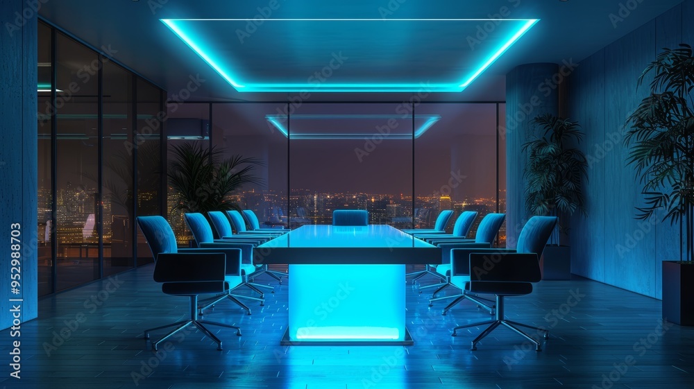 Modern Conference Room with Neon Lighting and Cityscape View at Night Modern Conference Room with Neon Lighting and Cityscape View at Night