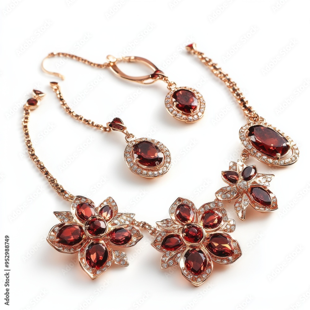 Obraz premium Garnet Jewelry Set: A stunning red garnet necklace and earrings set with sparkling silver and gold details. The floral design exudes elegance and sophistication.