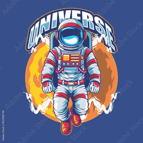 Astronaut Explore Universe in Hand Drawn Vector Cartoon Illustration Design for sticker, badge, patch, banner, greeting card, invitation