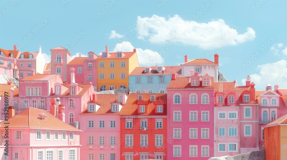 Fototapeta premium Colorful European Village with Vibrant Pastel Buildings Under a Bright Blue Sky