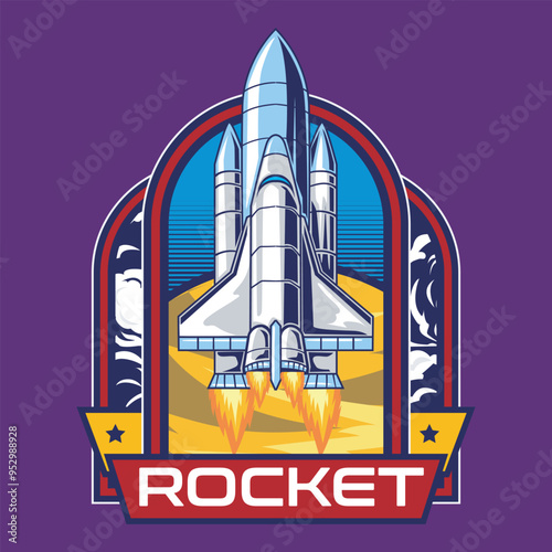 Spaceship Rocket Explore Universe in Hand Drawn Vector Cartoon Illustration Design for sticker, badge, patch, banner, greeting card, invitation