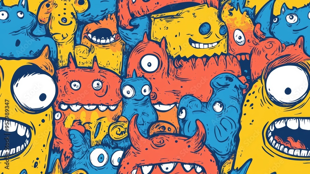 Colorful Monster Doodles Seamless Pattern - Fun and Whimsical Cartoon Creatures for Kids' Designs, Textiles, and Backgrounds Colorful Monster Doodles Seamless Pattern - Fun and Whimsical Cartoon Creatures for Kids' Designs, Textiles, and Backgrounds