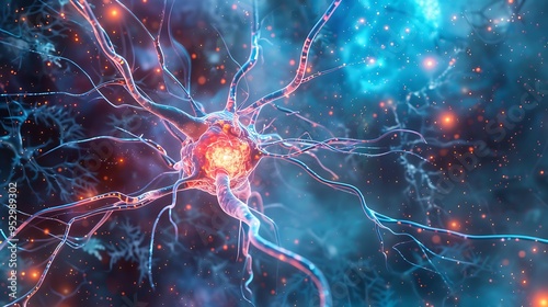 A vibrant depiction of a neuron, illustrating its structure and connections in a colorful, abstract manner. photo