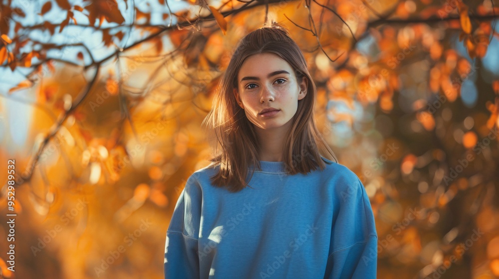 Portrait of a beautiful young woman in a blue sweater on the background of autumn park. Portrait of a beautiful young woman in a blue sweater on the background of autumn park.