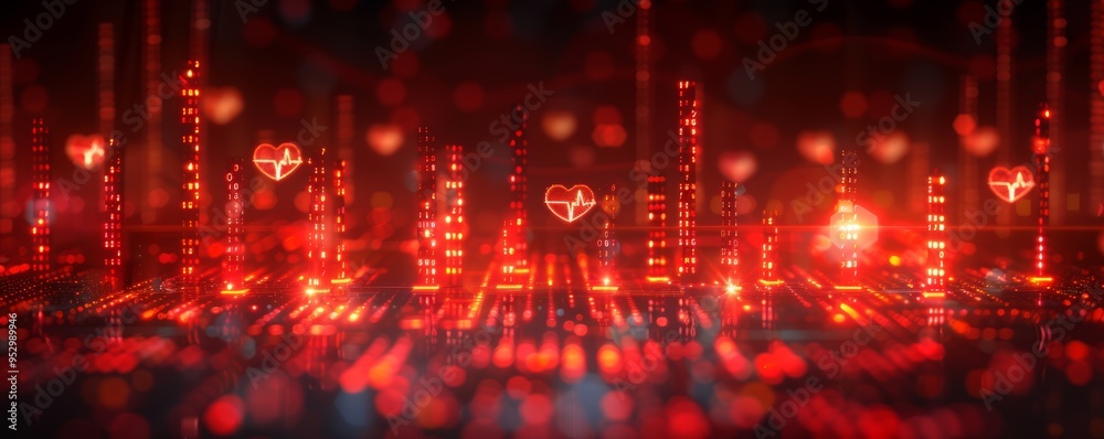 Modern Real Estate Concept with Digital Technology and Heartbeat Icons in Red Light Modern Real Estate Concept with Digital Technology and Heartbeat Icons in Red Light