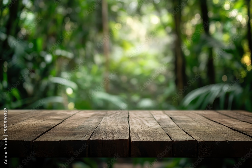Empty wood table top with blur background of nature lush green forest. The table giving copy space for placing advertising product on the table along with beautiful green forest nature background , ai Empty wood table top with blur background of nature lush green forest. The table giving copy space for placing advertising product on the table along with beautiful green forest nature background , ai