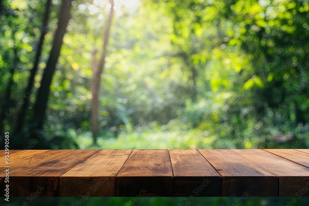 Empty wood table top with blur background of nature lush green forest. The table giving copy space for placing advertising product on the table along with beautiful green forest nature background , ai Empty wood table top with blur background of nature lush green forest. The table giving copy space for placing advertising product on the table along with beautiful green forest nature background , ai