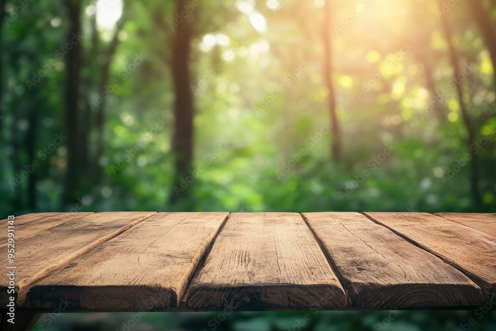 Empty wood table top with blur background of nature lush green forest. The table giving copy space for placing advertising product on the table along with beautiful green forest nature background , ai Empty wood table top with blur background of nature lush green forest. The table giving copy space for placing advertising product on the table along with beautiful green forest nature background , ai